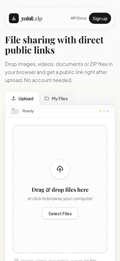 Yoink uploader on a phone with file selection ready